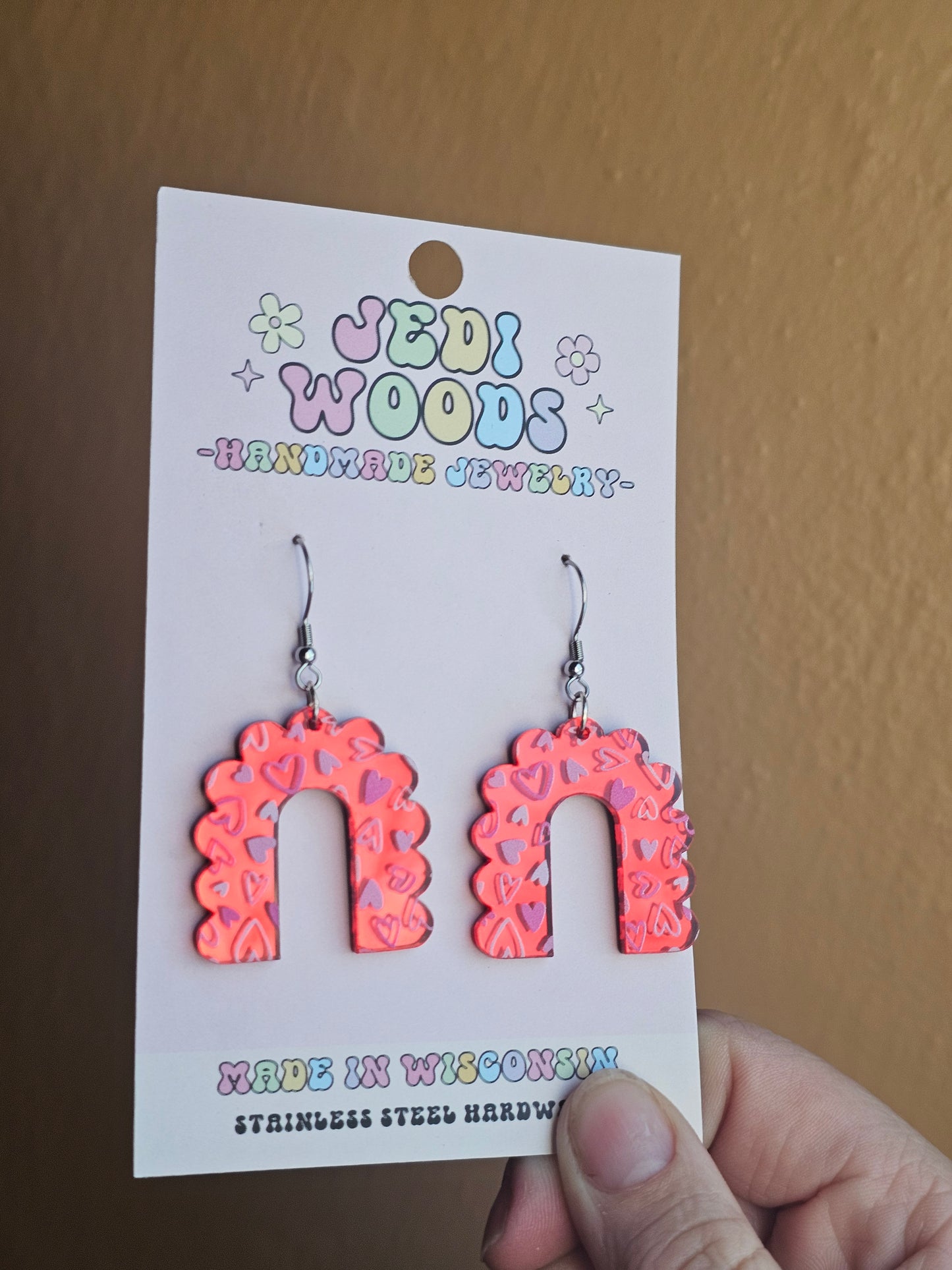 Red Mirror and Scattered Heart Arch Earrings