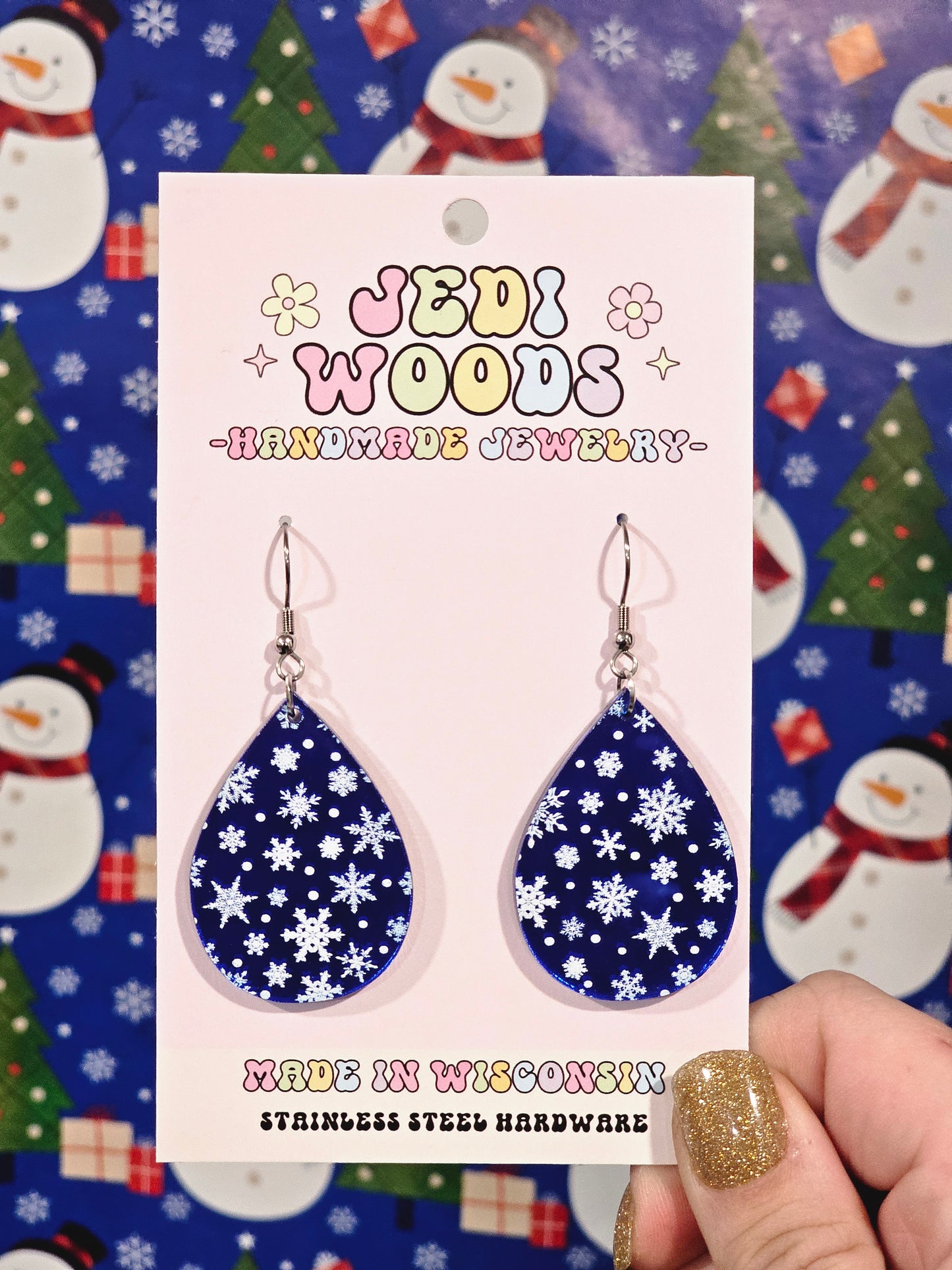 Dark Blue Mirror Snowflake Teardrop Earrings
