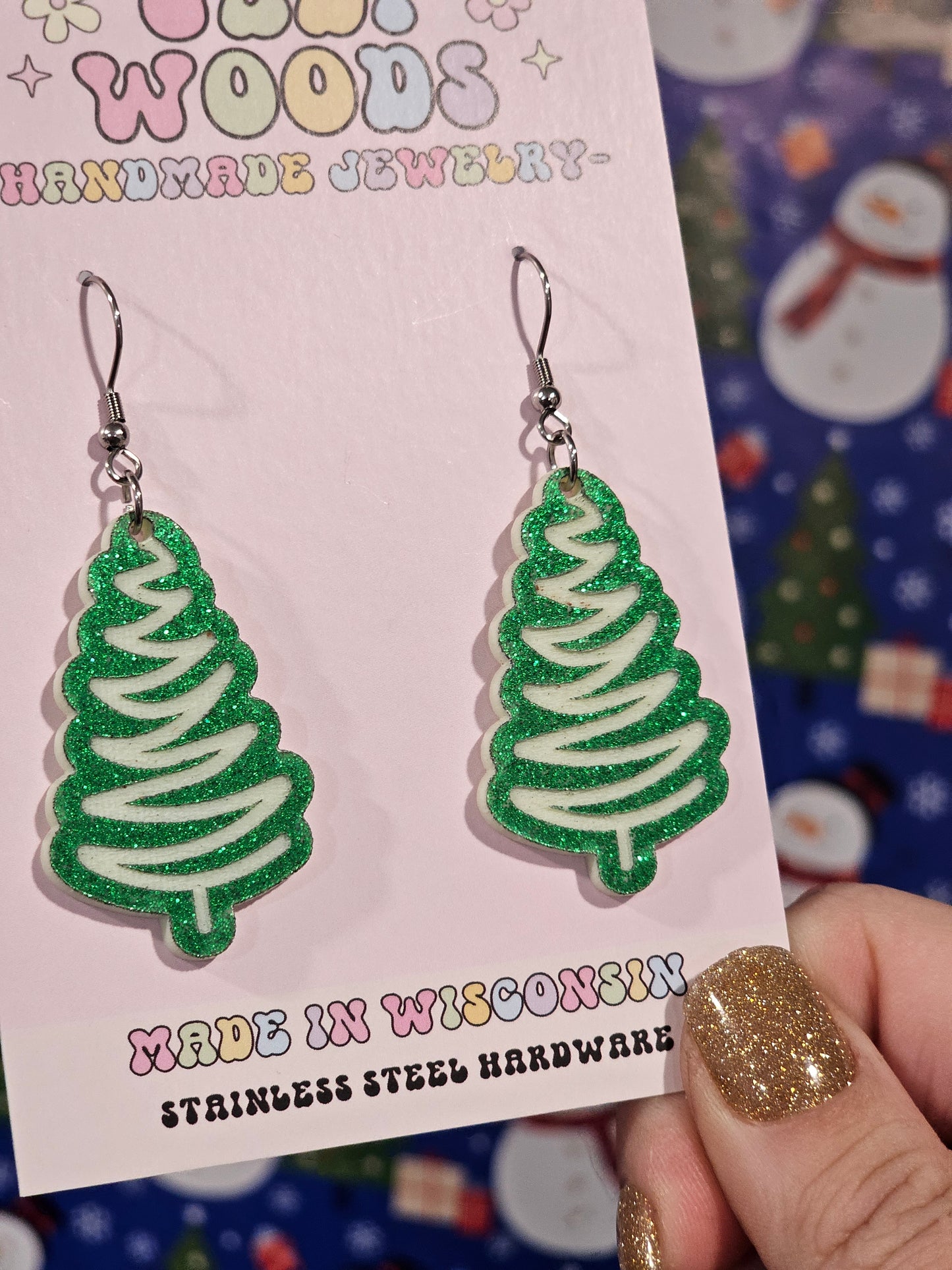 Green and White Squiggle Tree Earrings