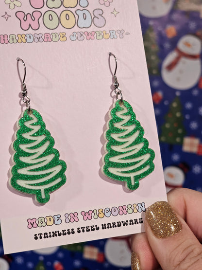 Green and White Squiggle Tree Earrings