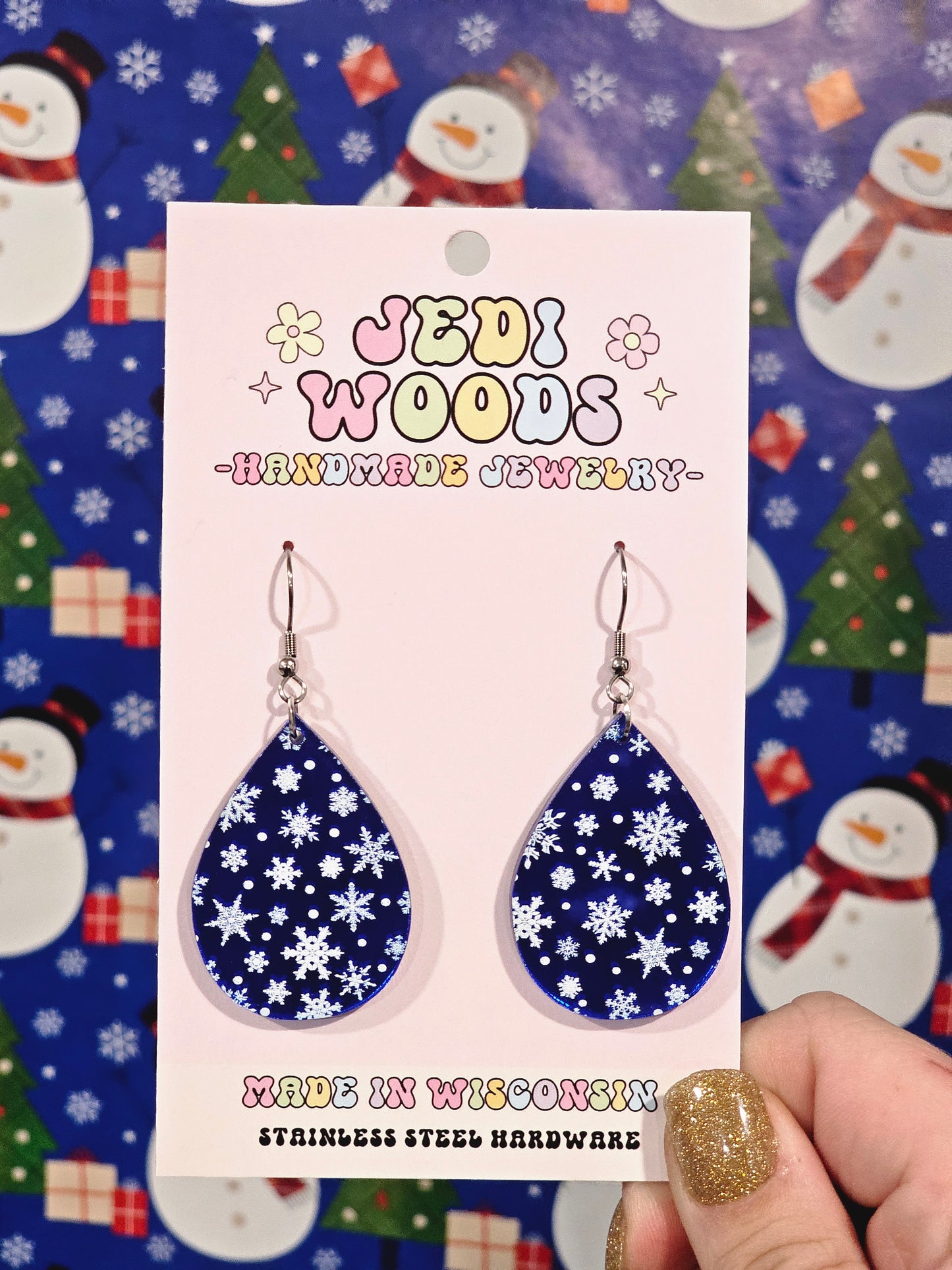 Dark Blue Mirror Snowflake Teardrop Earrings