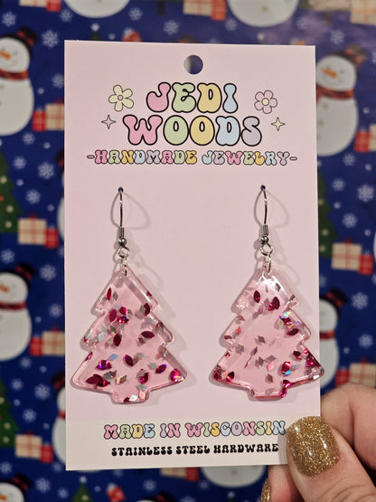 Pink Flake Christmas Tree Earrings