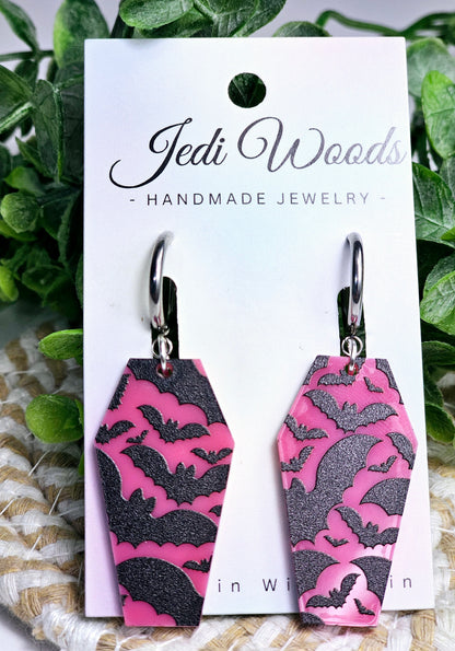 Pink Bat Coffin Earrings