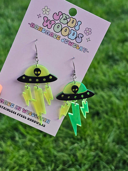 Alien Invasion SpaceShip Earrings with Blacklight Reactive Acrylic