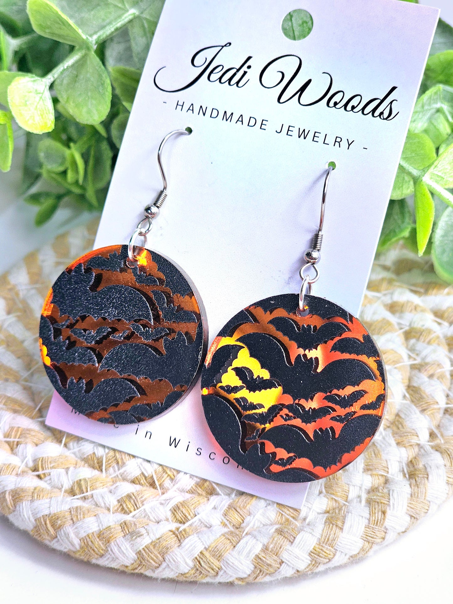 Orange Mirror Bat Medallion Earrings