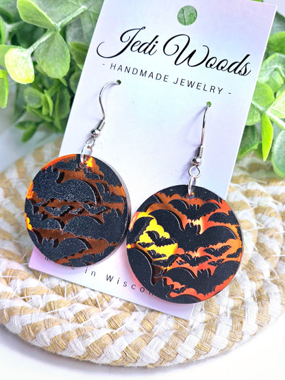 Orange Mirror Bat Medallion Earrings