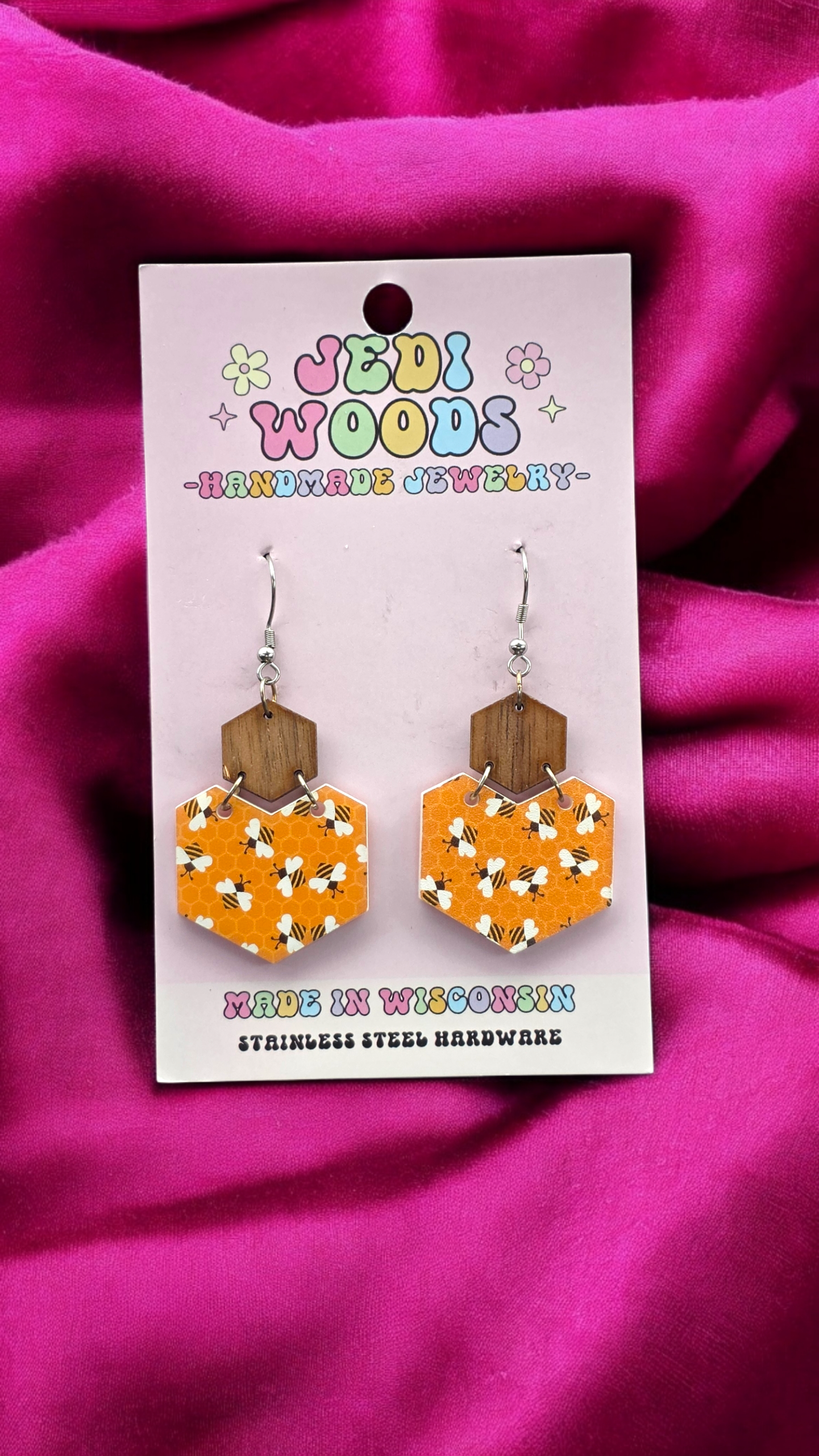 Hexagon Bumble Bee Earrings (1 available)