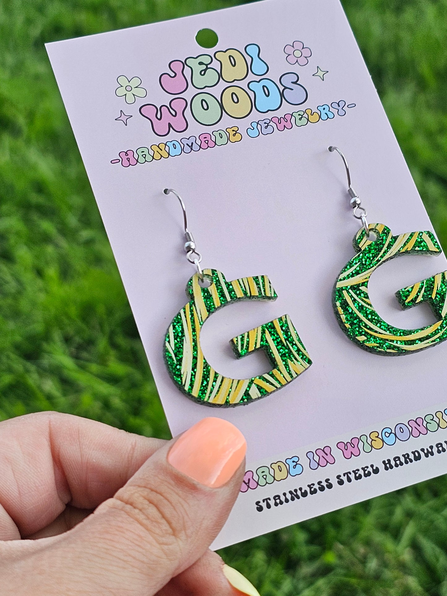Green and Gold 'G' Earrings