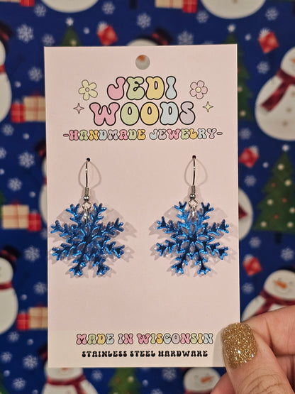 Blue Mirror Snowflake Dangles