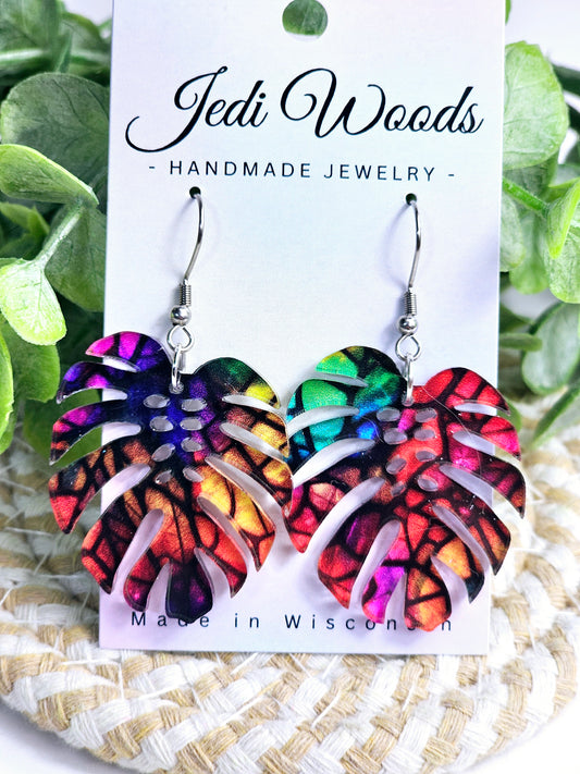 Stained Glass Rainbow Monstera Dangles