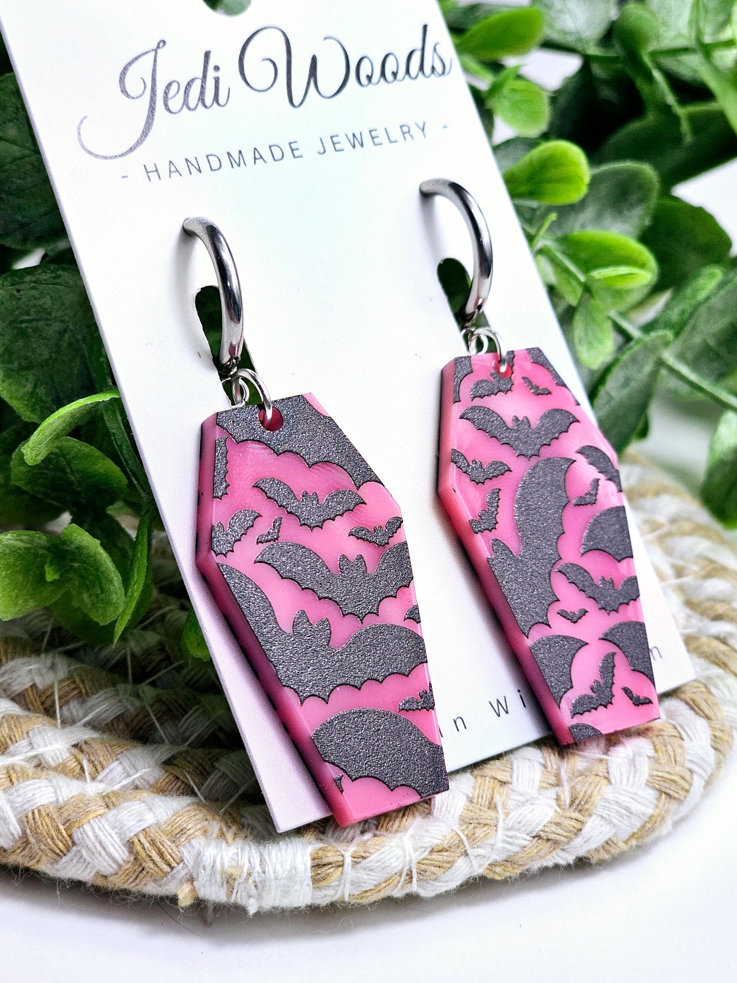 Pink Bat Coffin Earrings