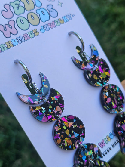 Black Rainbow Flake Moon Phase Earrings