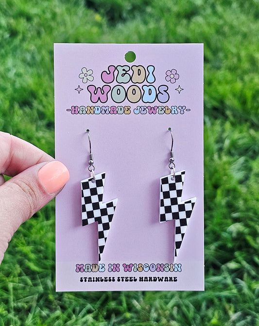 Checkered Flag Lightening Bolt Earring Dangles