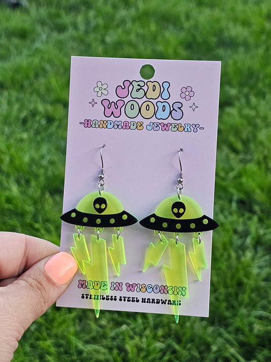 Alien Invasion SpaceShip Earrings with Blacklight Reactive Acrylic