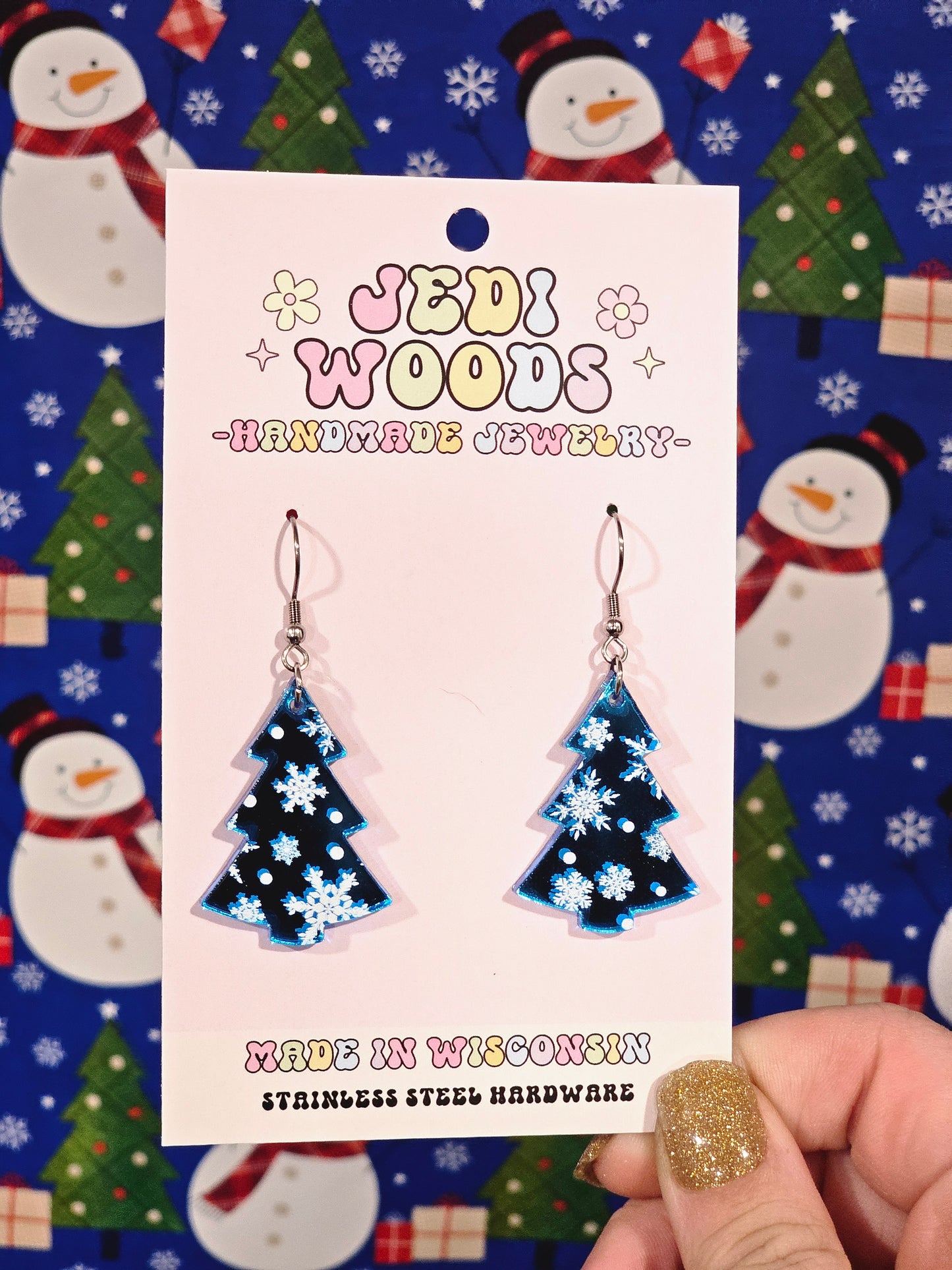 Sky Blue Mirror Snowflake Christmas Tree Earrings