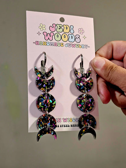 Black Rainbow Flake Moon Phase Earrings