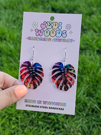 Stained Glass Rainbow Monstera Dangles