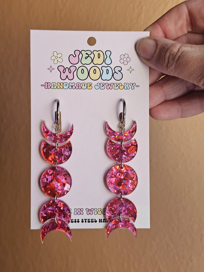 Pink Crackle Glass Moon Phase Earrings