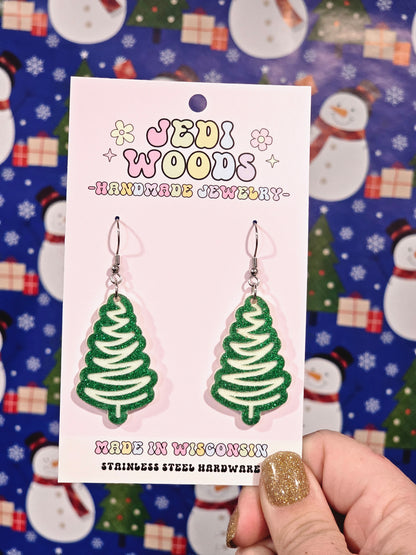 Green and White Squiggle Tree Earrings