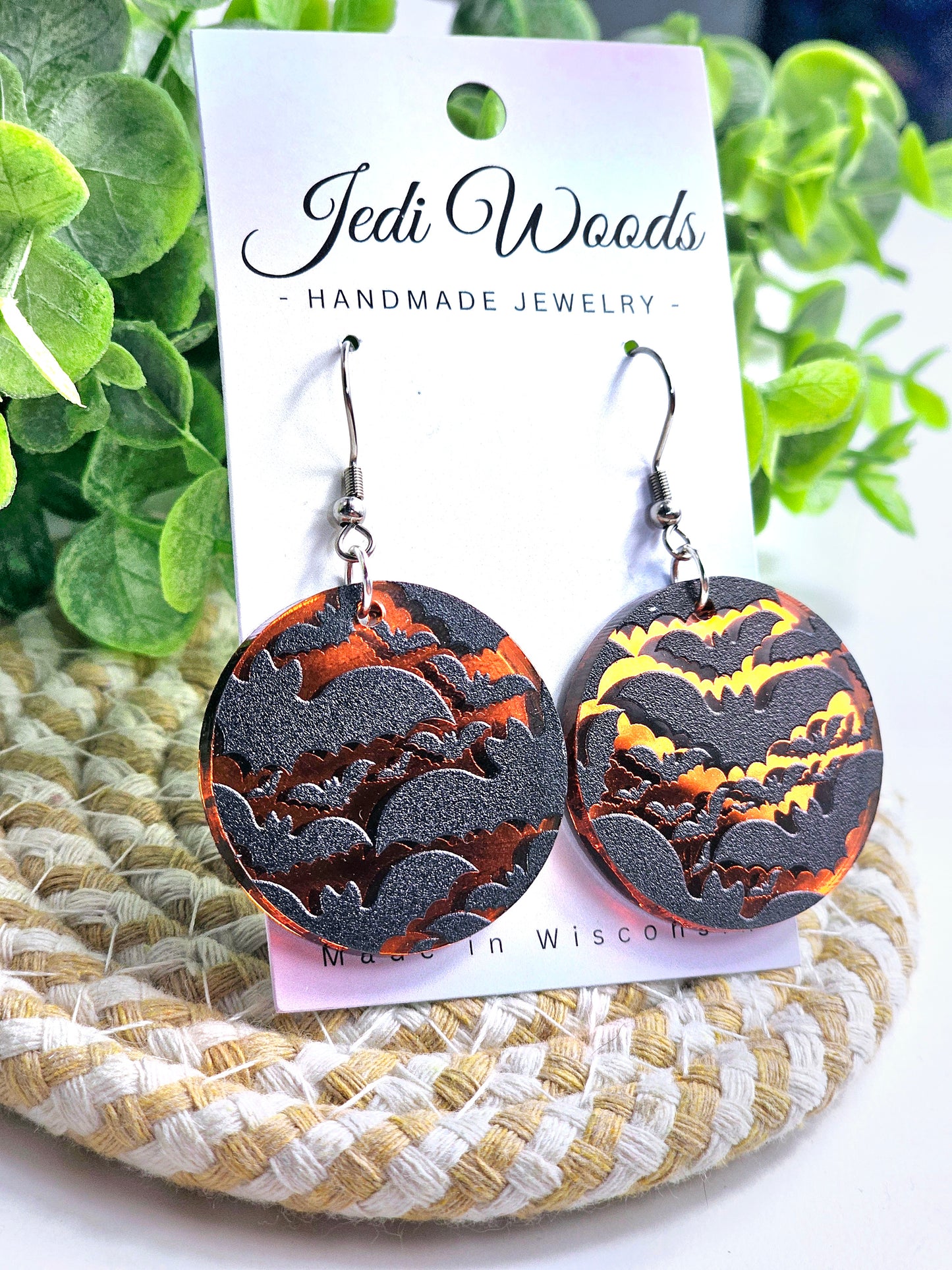 Orange Mirror Bat Medallion Earrings