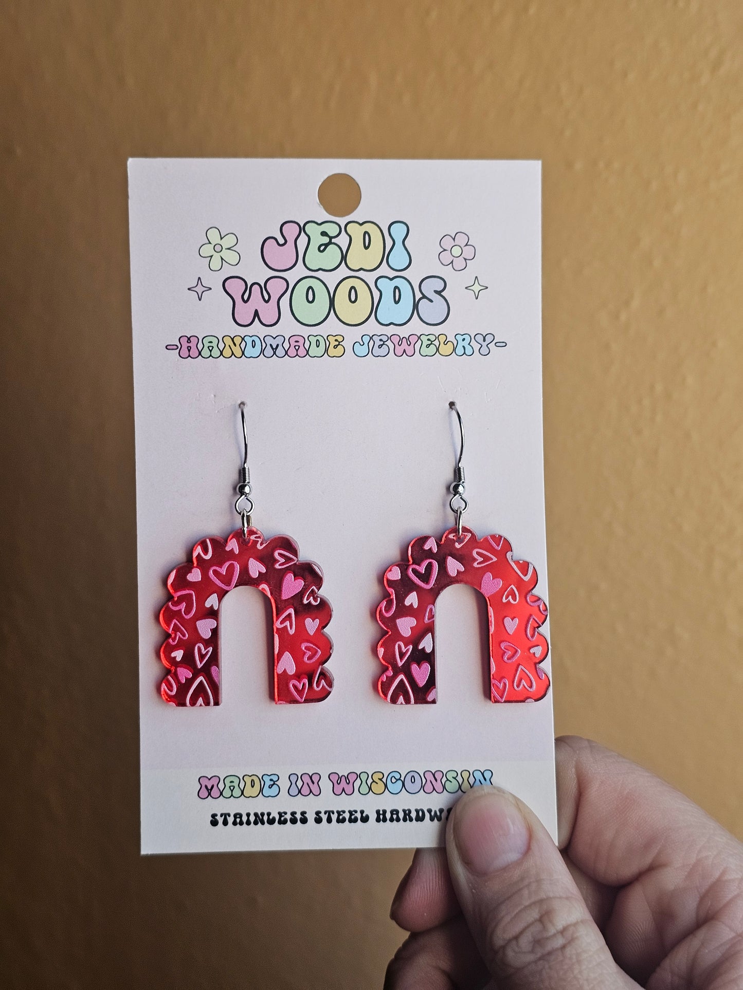 Red Mirror and Scattered Heart Arch Earrings
