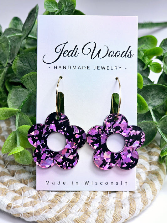 Pink and Black Glitter Flake Floral Earrings