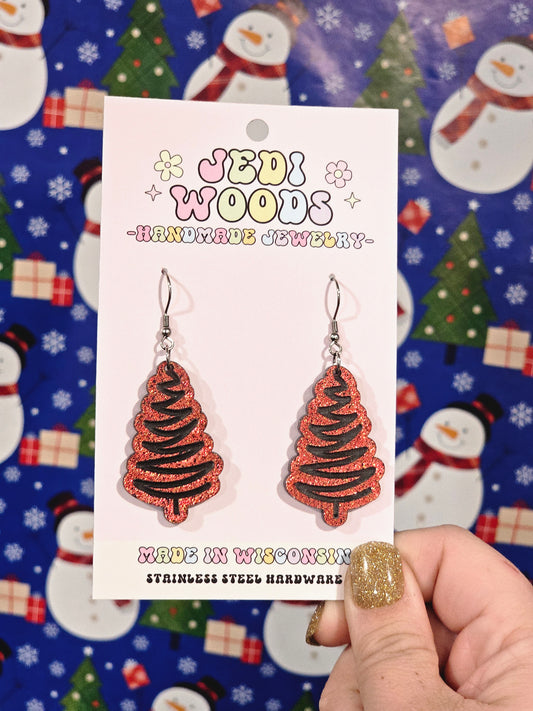 Red and Black Squiggle Tree Earrings