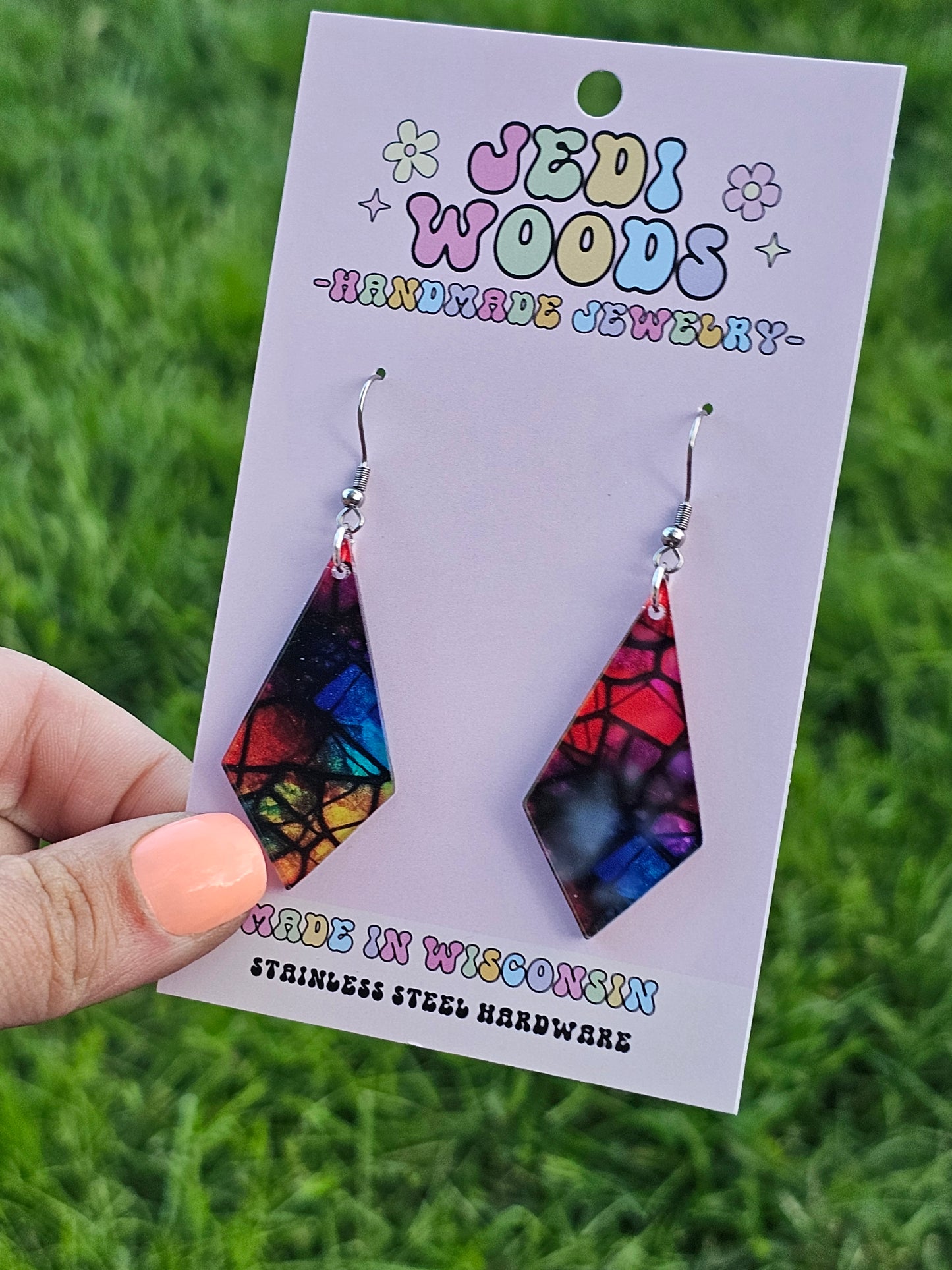 Stained Glass Rainbow Diamond Dangles