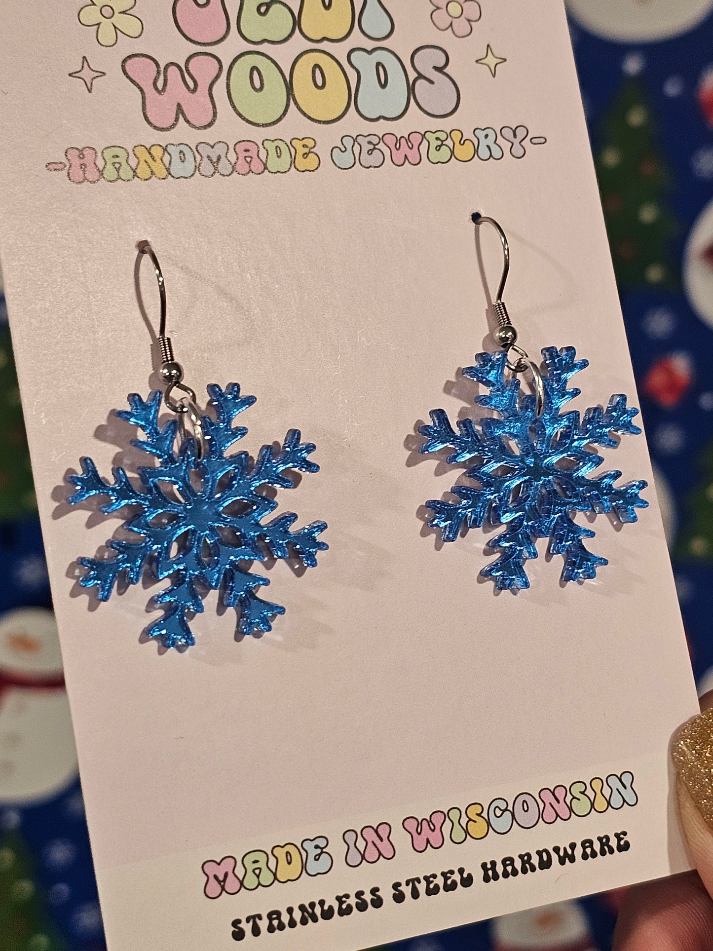 Blue Mirror Snowflake Dangles