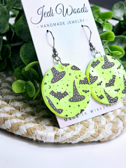 Electric Green Witch Hats and Bats Earrings