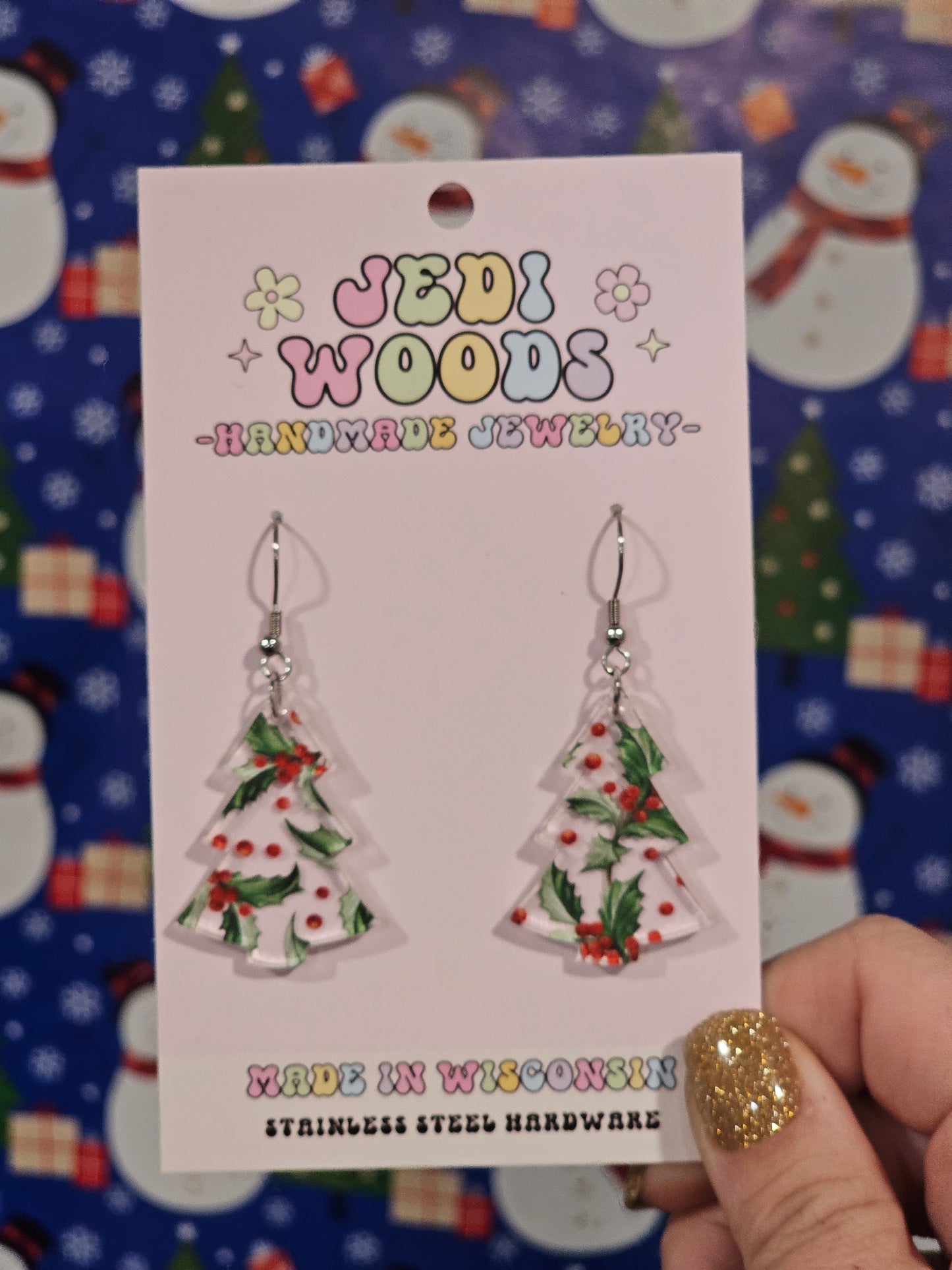 Holy and Berry Christmas Tree Earrings