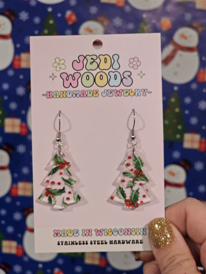 Holy and Berry Christmas Tree Earrings