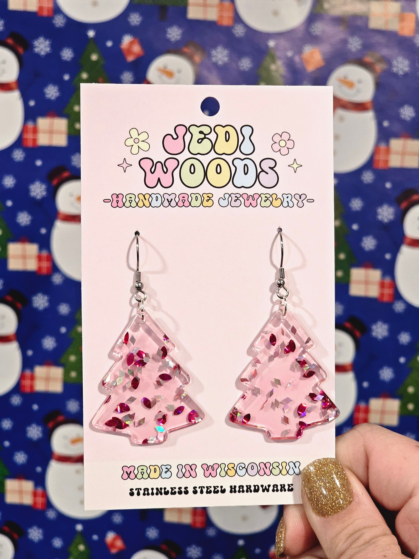 Pink Flake Christmas Tree Earrings