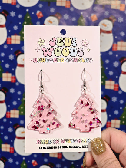 Pink Flake Christmas Tree Earrings