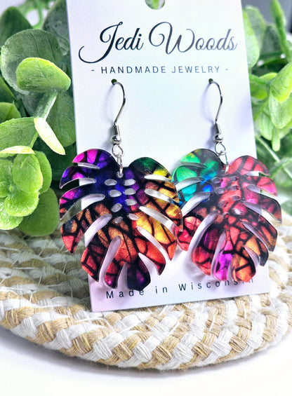 Stained Glass Rainbow Monstera Dangles