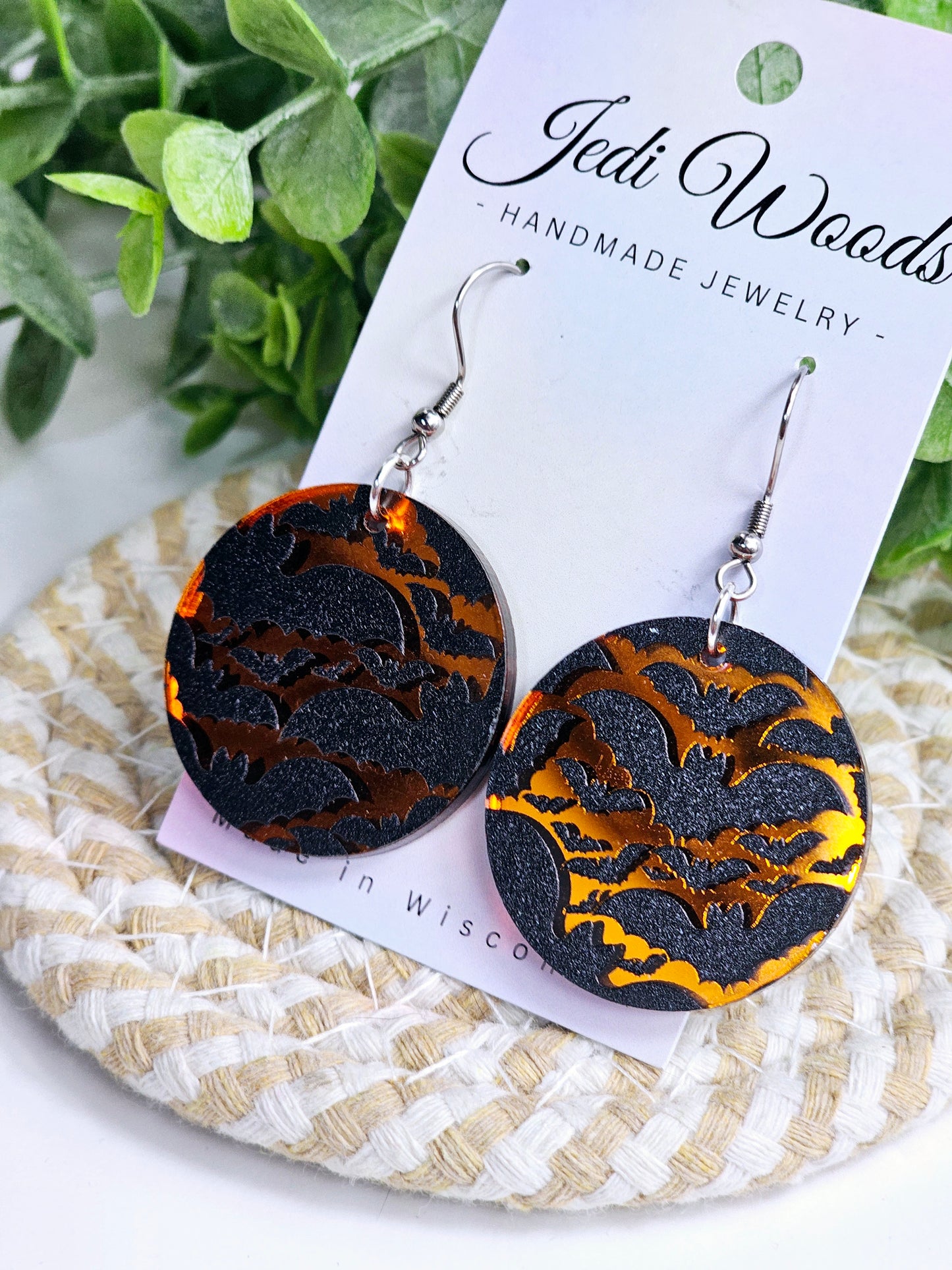 Orange Mirror Bat Medallion Earrings