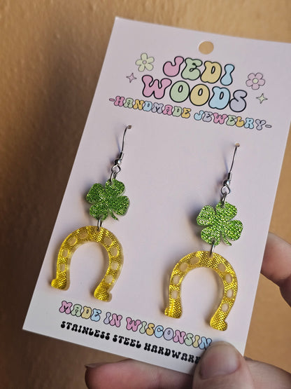 Horse Shoe and Shamrock Fabric Shimmer Earrings