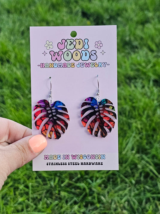 Stained Glass Rainbow Monstera Dangles