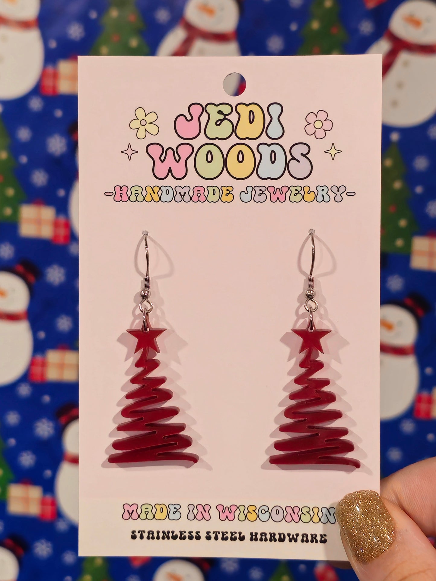 Metallic Red Squiggley Christmas Tree Earrings