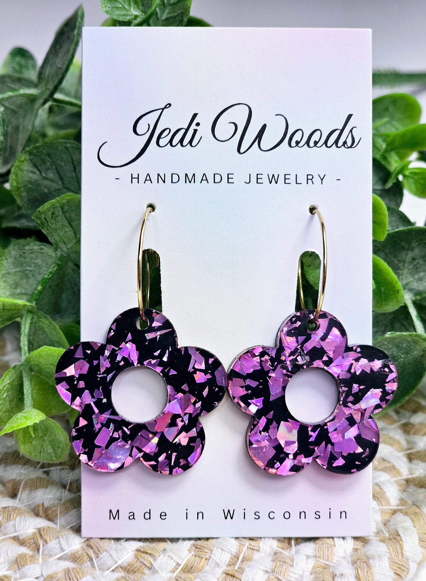 Pink and Black Glitter Flake Floral Earrings