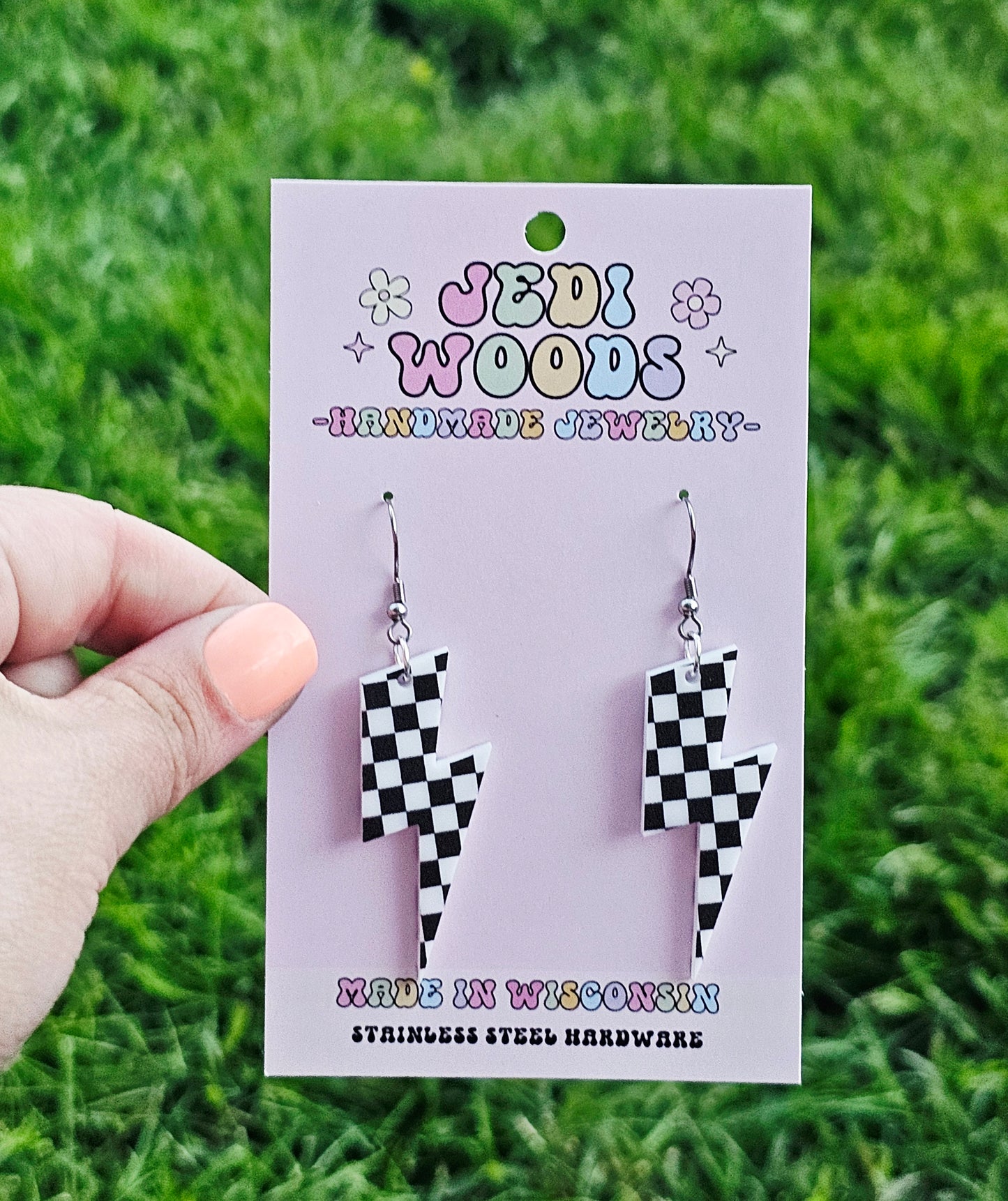 Checkered Flag Lightening Bolt Earring Dangles