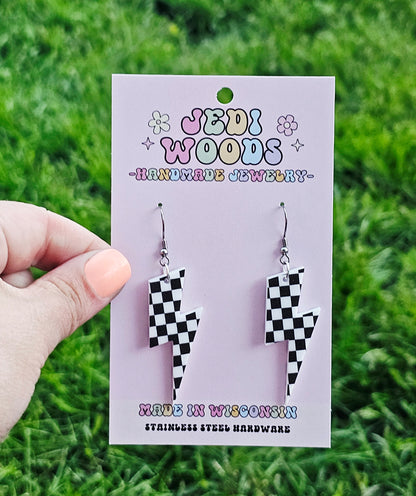 Checkered Flag Lightening Bolt Earring Dangles