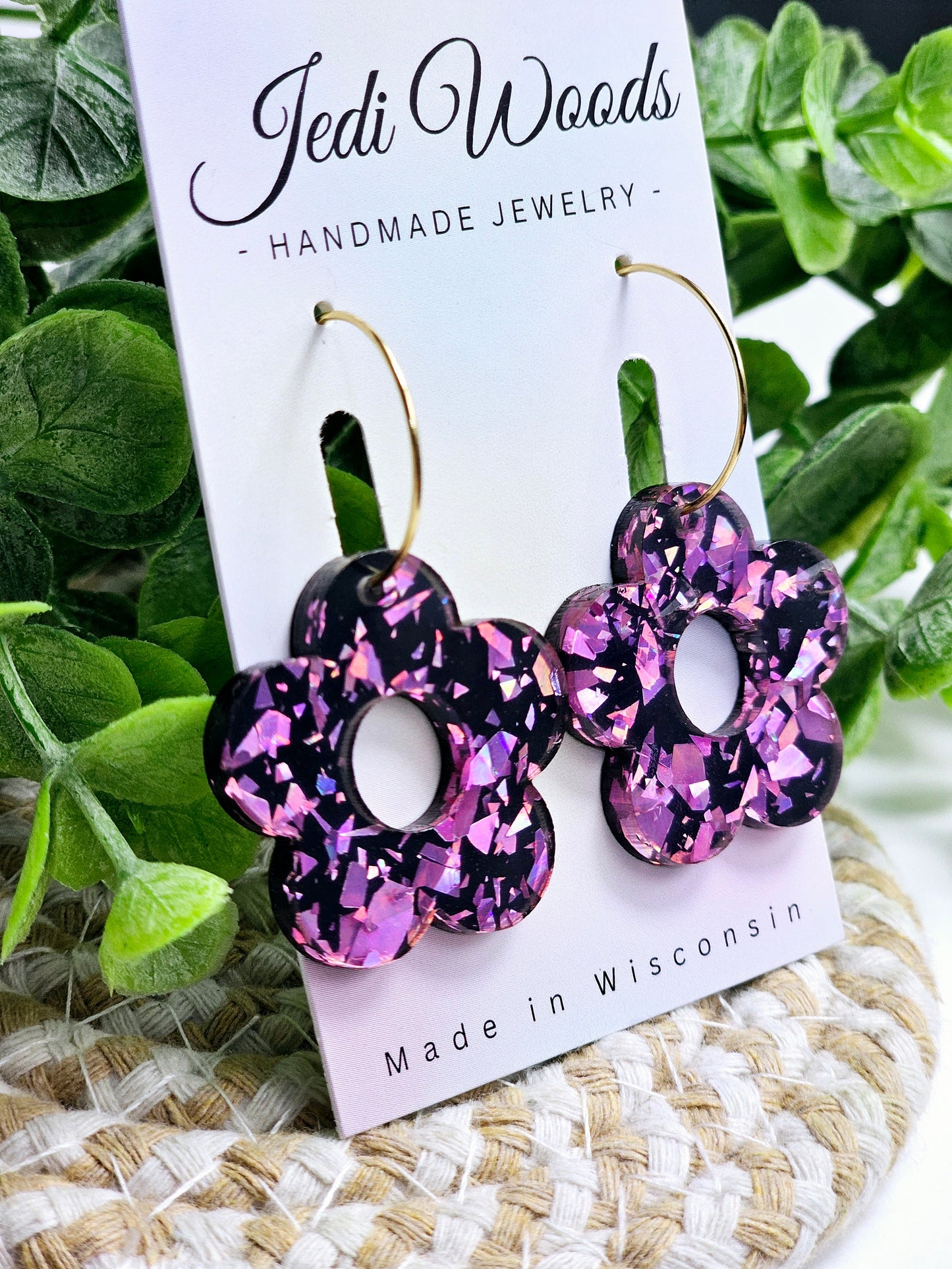 Pink and Black Glitter Flake Floral Earrings