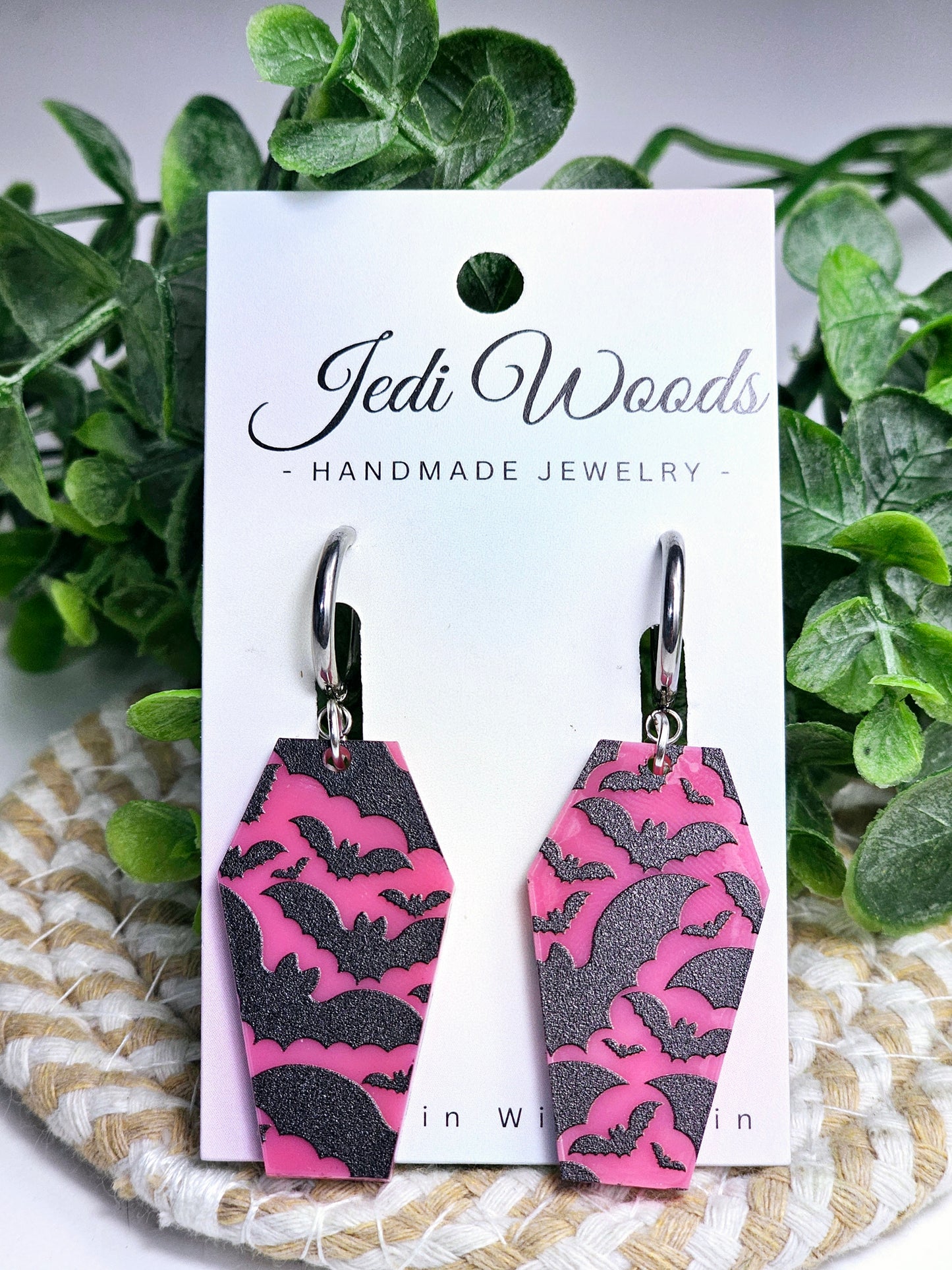 Pink Bat Coffin Earrings