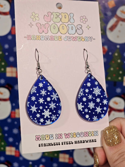 Dark Blue Mirror Snowflake Teardrop Earrings