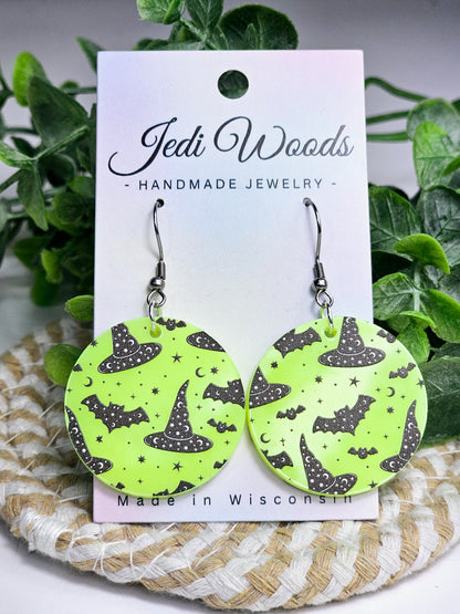 Electric Green Witch Hats and Bats Earrings